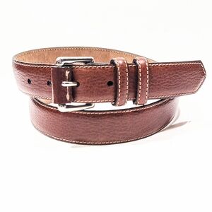 Lands End Brown Pebble Grain Leather Belt Roller Buckle Stitched Accent Size 40